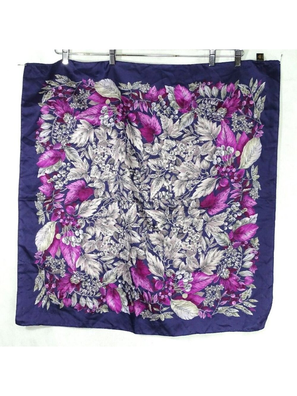 Vintage 80s Tie Rack Head Neck Handbag Scarf Leaves Fruit Purple 31" Italy FLAWS